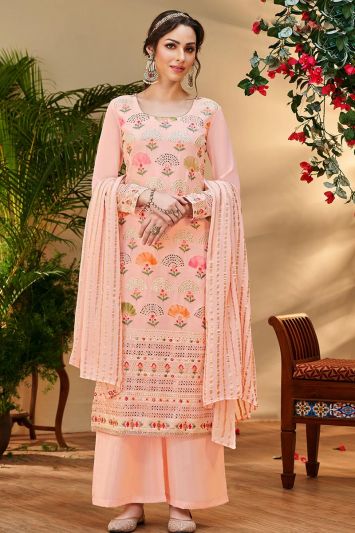 Pure Viscose Bemberg Georgette Fabric Palazzo Suit in Peach Color