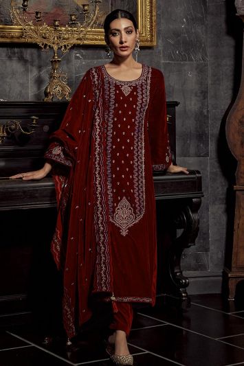Pure Viscose Velvet Fabric Straight Pant Suit in Maroon Color