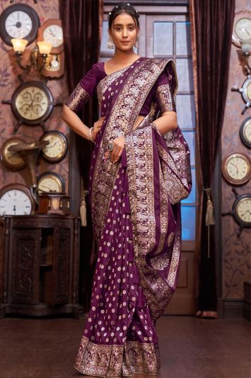 Purple Color Banarasi Silk Fabric Woven Saree