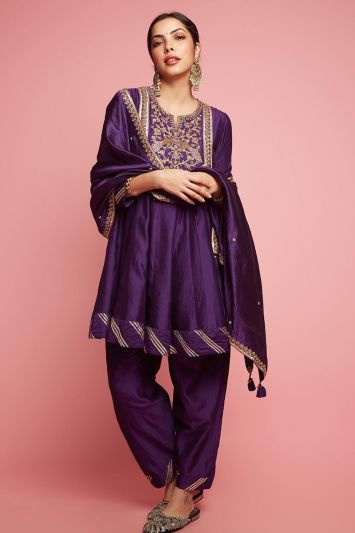 Purple Color Cotton Silk Fabric Designer Salwar Suit