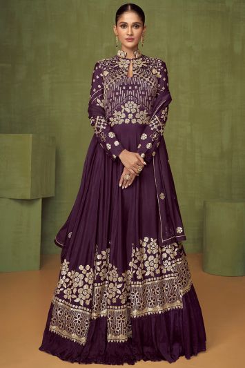 Purple Color Real Georgette Fabric Sequins Anarkali Suit
