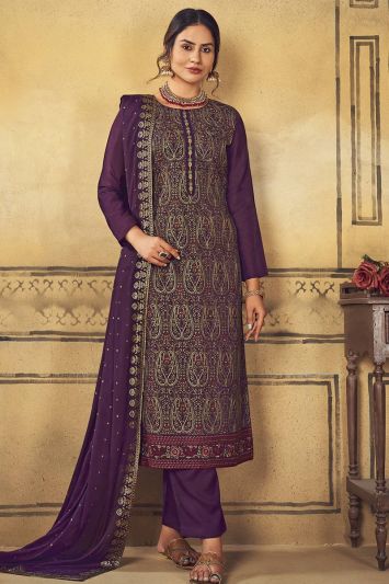 Purple Color Uppada Silk Fabric Lakhnavi Straight Pant Suit