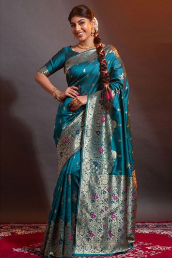 Rama Color Banarasi Silk Blended Designer Saree