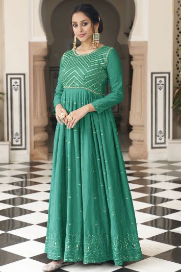 Rama Green Chinon Gown For Eid