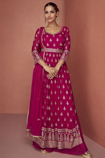 Rani Pink Color Real Georgette Fabric Festive Wear Anarkali Suit
