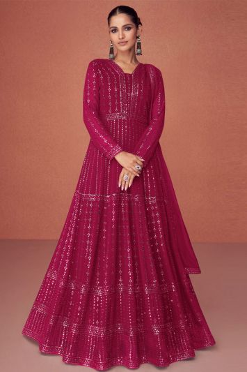 Rani Pink Color Real Georgette Fabric Sequins Anarkali Suit
