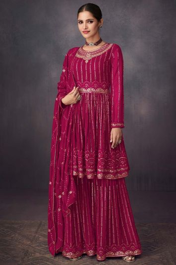 Rani Pink Color Real Georgette Thread Sharara Suit