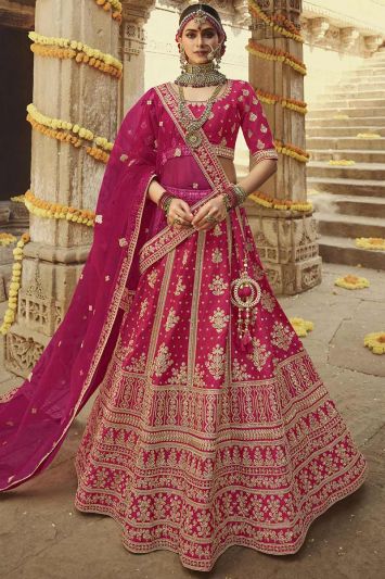 Rani Pink Color Silk Fabric Lehenga Choli For Bride