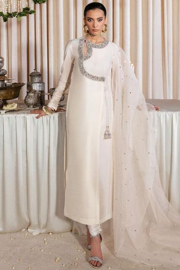 Raw Silk Fabric Long Churidar Suit in Ivory Color