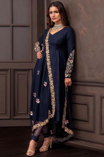 Raw Silk Fabric Long Churidar Suit in Navy Blue Color