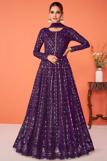 Real Georgette Designer Anarkali Suit in Purple Color