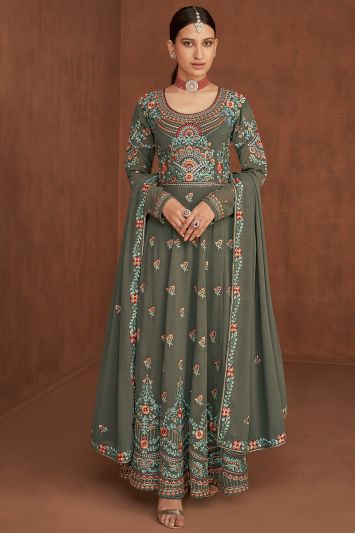 Real Georgette Fabric Anarkali with Palazzo Pant in Grey Color