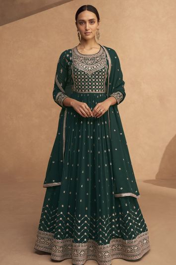 Real Georgette Fabric Mehndi Functional Anarkali Suit in Green Color