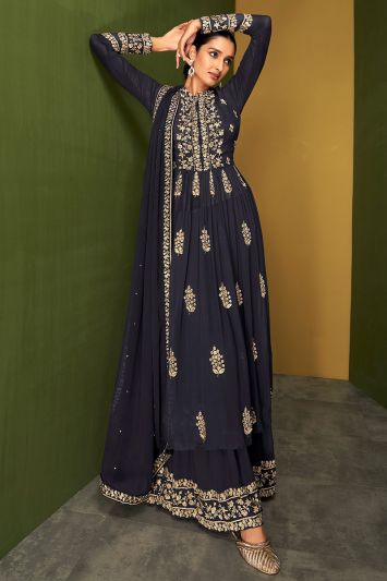 Real Georgette Palazzo Suit in Navy Blue Color