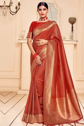 Red Banarasi Silk Saree with red Blouse