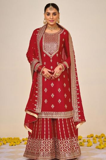 Red Color Heavy Faux Georgette Bridal Wear Fabric Palazzo Suit