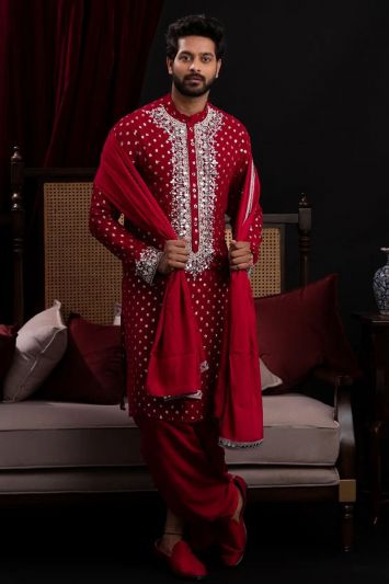 Red Color Silk Fabric Embroidered Kurta Pajama