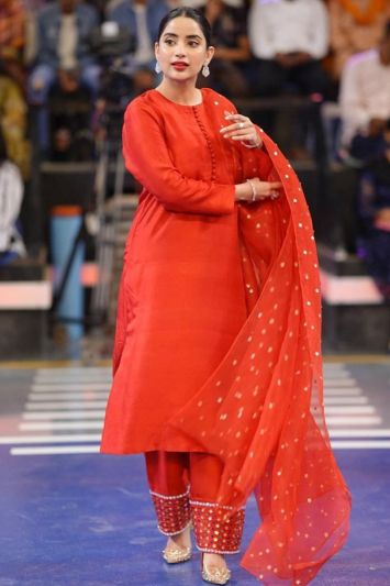 Red Cotton Mirror Work Pakistani Suit