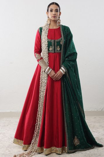 Red Cuff Embroidered Eid Anarkali Suit