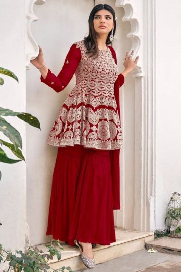 Red Heavy Designer Viscose Georgette Festive Wear Sharara Suit