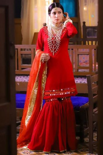 Red Silk Partywear Sharara Suit with Mirror Work