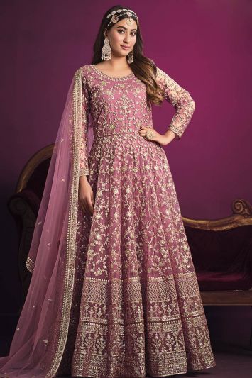 Rose Pink Net Embroidered Pakistani Anarkali Suit