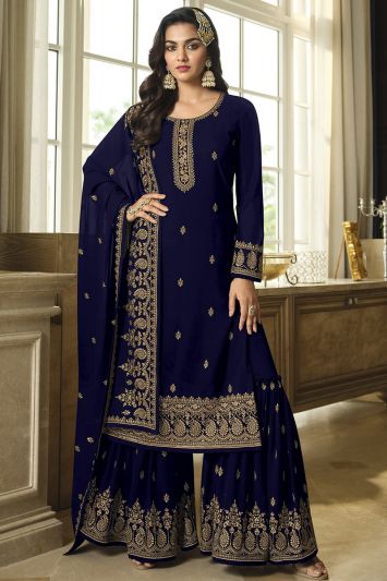Royal Blue Color Heavy Faux Georgette Fabric Stylish Sharara Suit