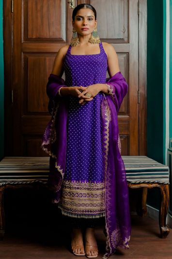 Satin Printed Anarkali Suit in Purple Color