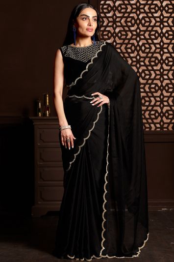 Satin Silk Designer Saree in Black Color