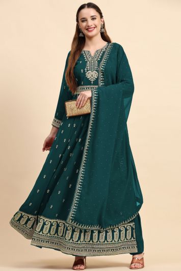 Sea Green Georgette Embroidered Gown