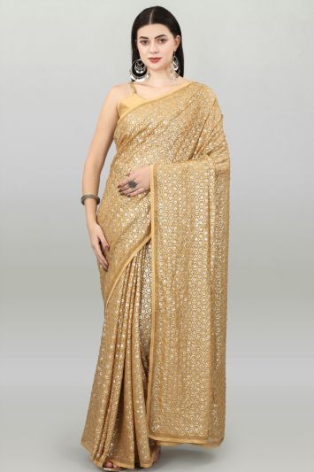 Sequinned Brown Heavy Georgette Fabric Saree