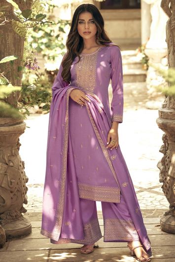 Silk Embroidered Palazzo Suit in Purple Color