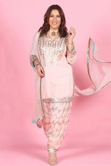 Silk Fabric Festive Wear Patiala Suit in Pink Color