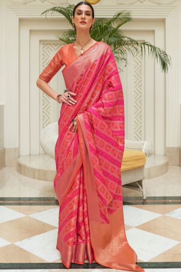 Silk Fabric Jacquard Woven Saree in Rani Pink Color