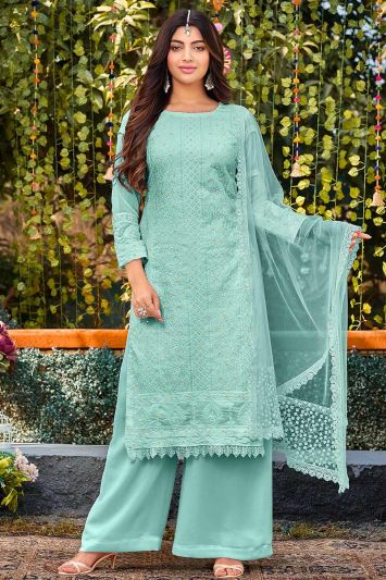 Sky Blue Color Faux Georgette Fabric Palazzo Suit with Lace Work