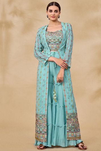 Sky Blue Color Georgette Fabric Stylish Sharara Suit
