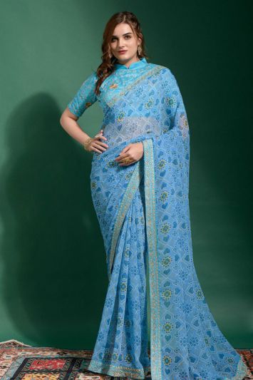 Sky Blue Color Patola Georgette Fabric Saree with Lace Work