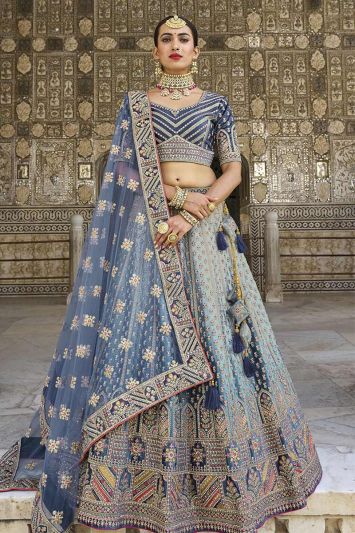 Sky Blue Color Pure Silk Fabric Lehenga Choli with Heavy Zari Work