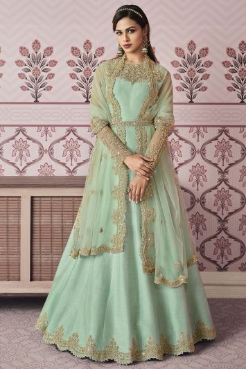 Sky Green Color Russian Silk Fabric Anarkali Suit With Lace Border
