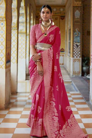 Smooth Silk Fabric Designer Printed Saree in Pink Color