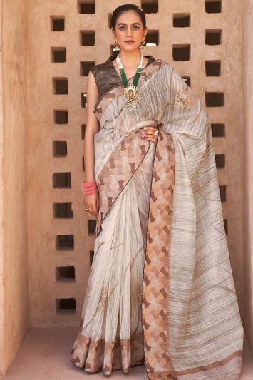 Smooth Silk Fabric Printed Saree in Brown Color