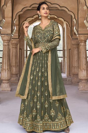 Soft Net Fabric Designer Anarkali Suit in Green Color