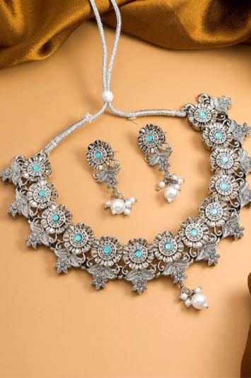 Sterling Silver Stone-Studded Temple Jewellery Set - Appelle Fashion