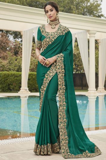 Stone Green Designer Mehndi Wear Satan Silk Saree