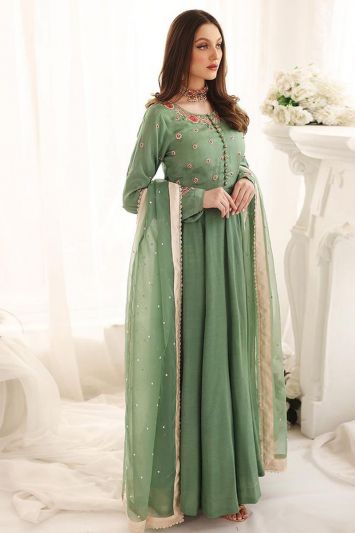 Stylish Green Color Cotton Fabric Anarkali Suit