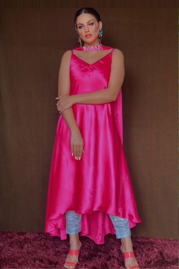 Taffeta Silk Fabric Long Straight Pant Suit in Pink Color