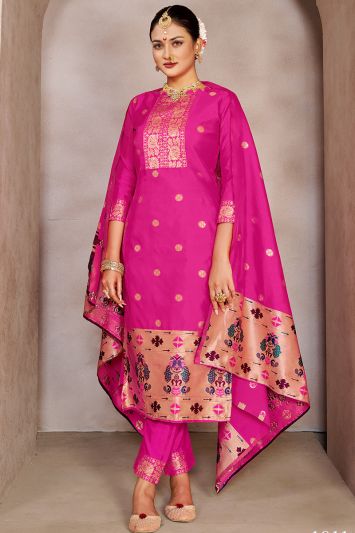 Tapeta Silk Punjabi Trouser Suit in Pink Color
