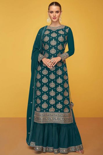 Teal Color Real Georgette Party Wear Palazzo Suit
