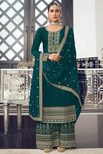 Teal Green Color Heavy Dola Silk Fabric Palazzo Suit