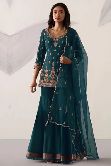 Teal Green Color Heavy Faux Georgette Sharara Suit